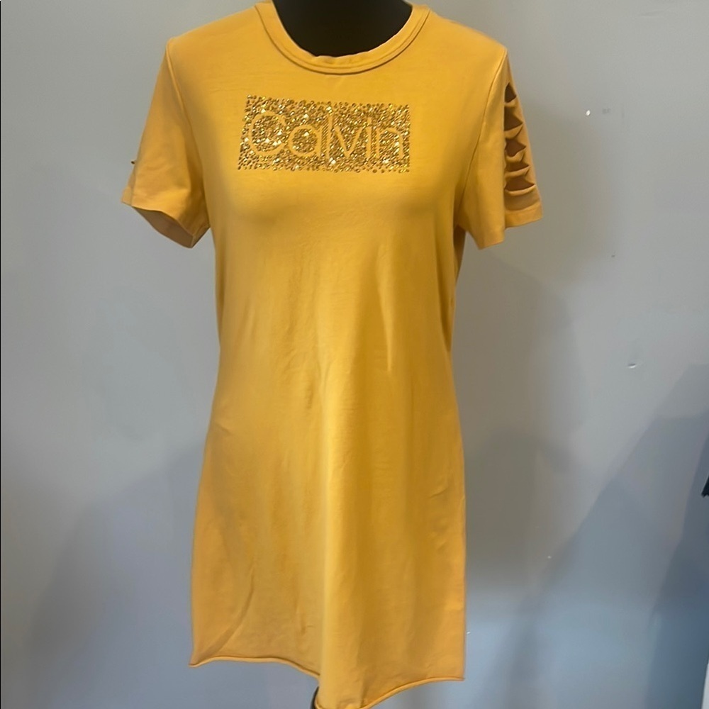 Calvin Klein Yellow T-Shirt Dress ripped sleeves